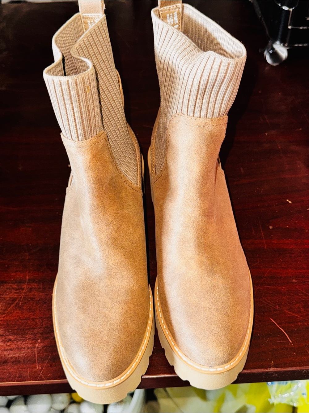 Dolce Vita Taupe Ribbed Chelsea Lug Ankle Boots